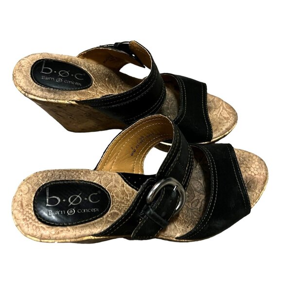 b.o.c. Black Leather Wedge Sandals Sz 7 Womens C17903 CIK12 - Picture 6 of 15